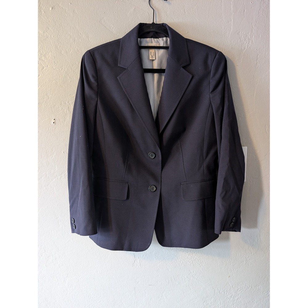 Lands End Canvas Women's Blazer Size 10 Navy Wool Blend Tailored Career Jacket